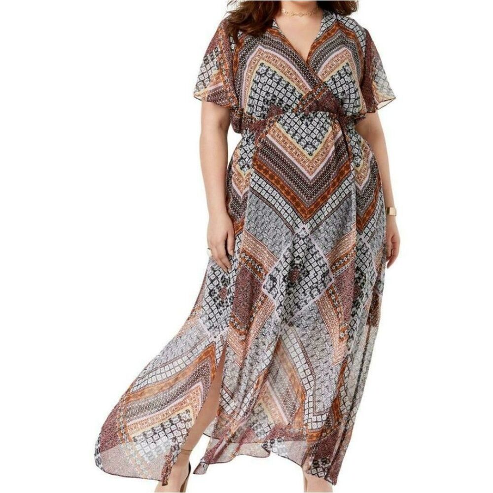 INC Earthy Boho Patchwork Flutter Sleeve Maxi Dress Plus Size 0X / 14 NWT